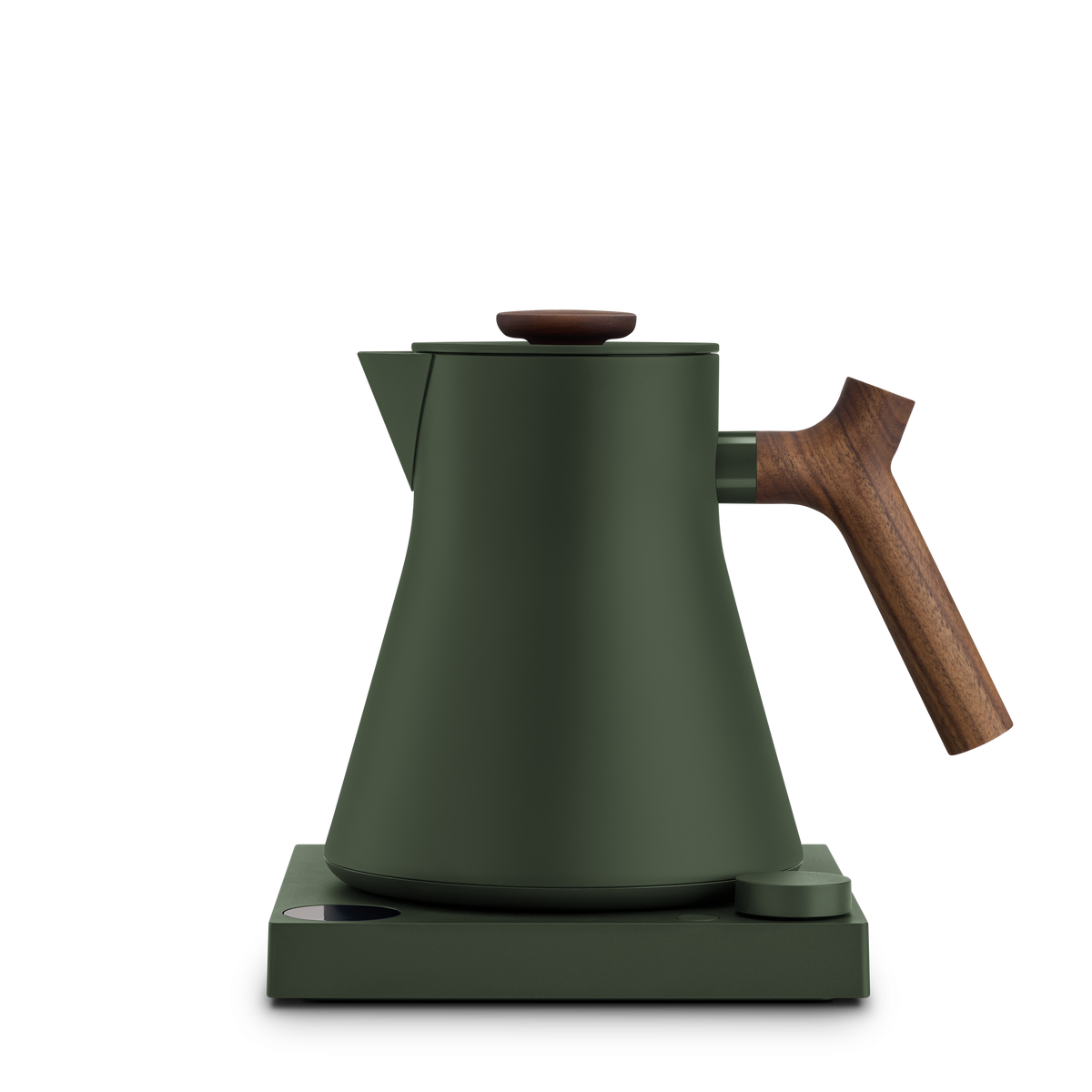 Fellow Corvo EKG Woodland + Walnut electric kettle with wooden handle on matching base.