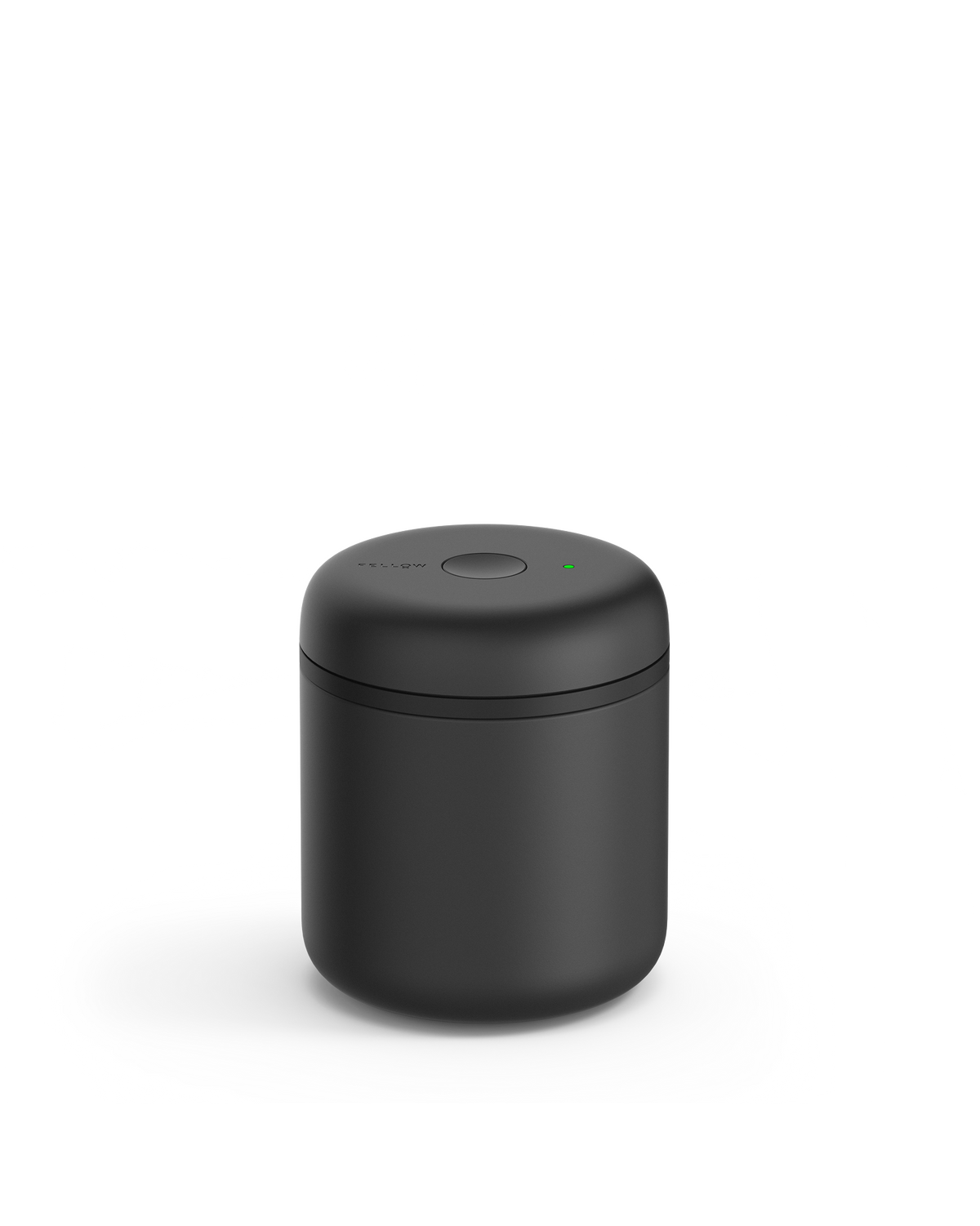 Fellow Atmos Vacuum Canister, black, with button and LED—ideal for storing coffee beans.