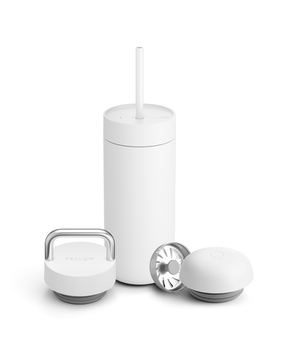 Fellow Carter 3-in-1 Lid System: versatile white travel mug with straw, ideal for gifting.
