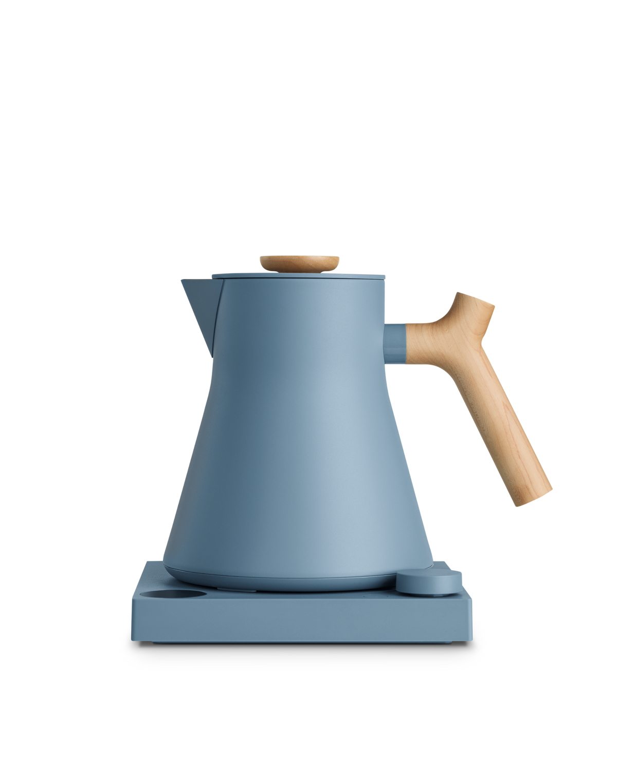 Fellow Corvo EKG Electric Kettle: fast, all-purpose blue kettle with wooden handle and base.