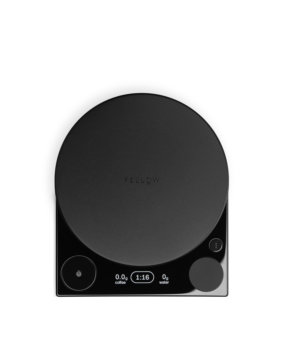 The Fellow Tally™ Pro Studio is a black coffee scale with a round platform and lit digital display.