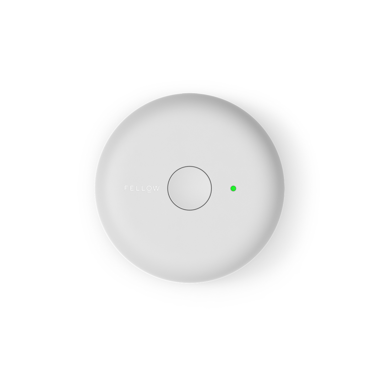 Matte white Atmos Lid by Fellow with center button and small green light indicator.